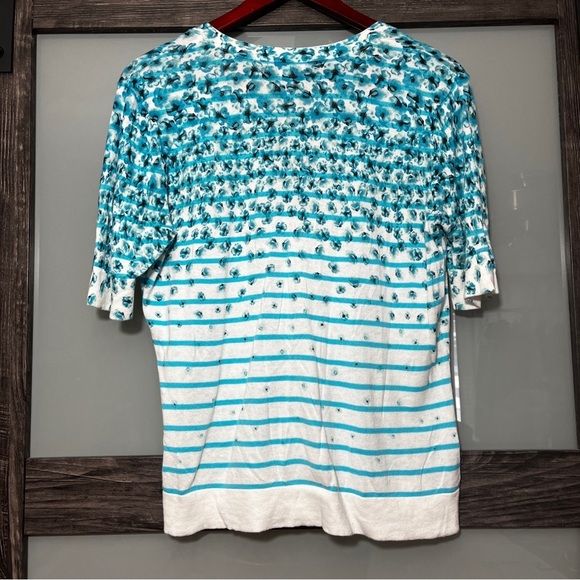 New York & Company 100% Cotton Ditsy Floral Striped Short Sleeve Button Cardigan - Picture 5 of 8